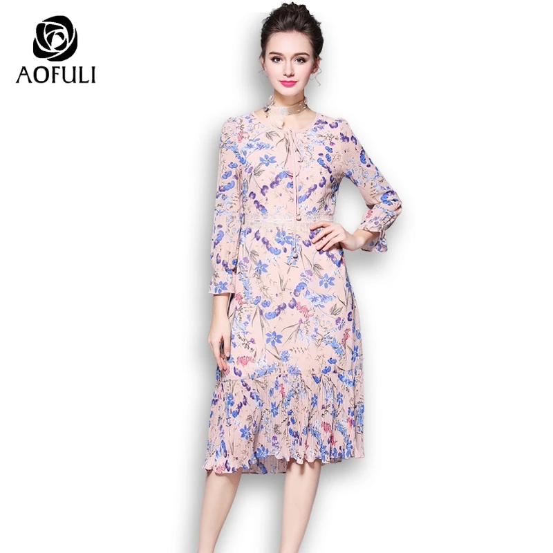 

AOFULI M- XXXL 4XL 5XL Prairie Chic Floral Printed Pattern Dress Women Plus Size Midi Dress Fashion Casual Chiffon Dress 3002