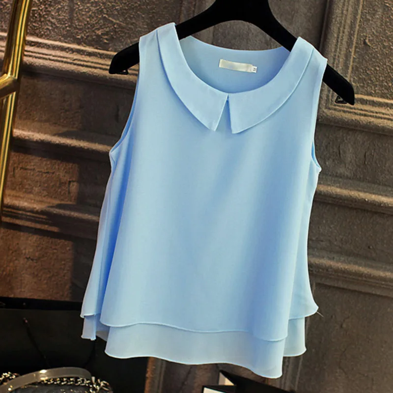 

5XL Chiffon Elegant Turn Down Collar Women Shirts Large size Solid O Neck Summer Sleeveless Female Blouses 2019 Sweet Ladies Top
