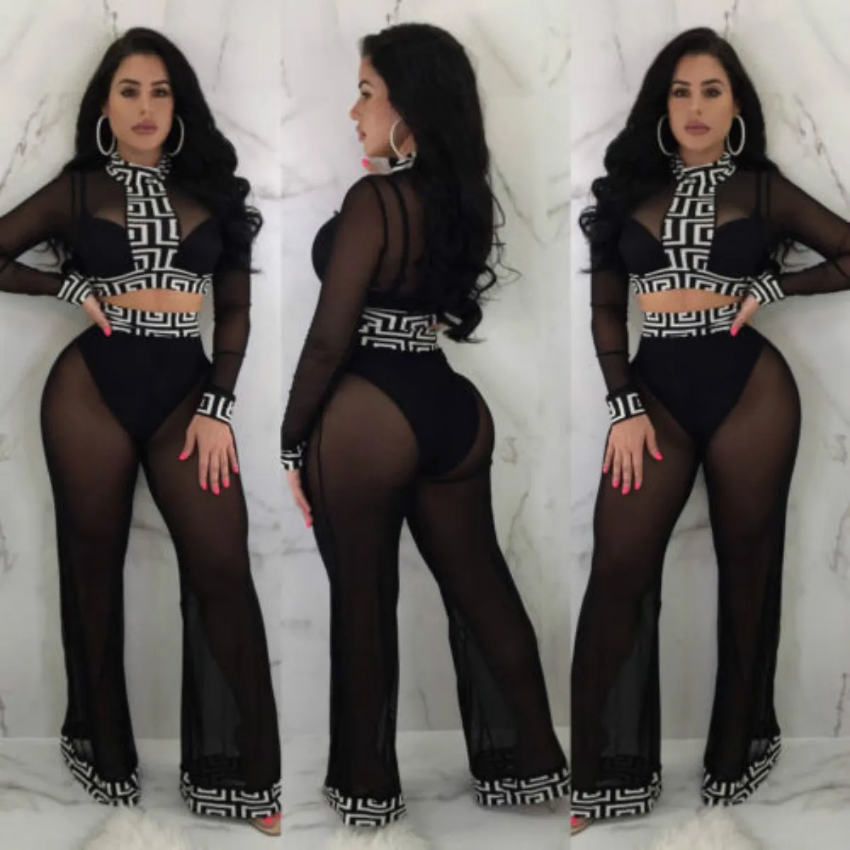 

2018 New Brand Womens Sexy 2 Piece Club Set Bodycon Long Sleeve Perspective Mesh Crop Top Pants Suit Clothes