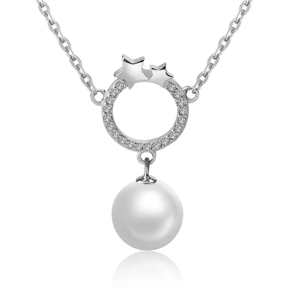 

VOJEFEN Elegance 925 Sterling Silver White Freshwater Cultured Pearl & Round Zircon Inlay Pendant Necklace