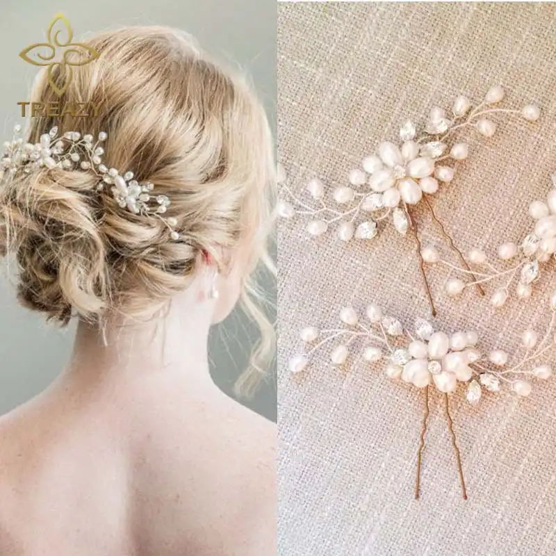 Treazy 2pcs Elegant Bridal Wedding Crystal Pearl Flower Hair Pins