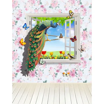 

TR Pink Flower Painting Wall Wood Floor Photography Studio Backdrops Window Peacock Blue Sky Tulip Flowers Butterfly Backgrounds