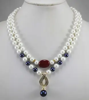

Hot sale new Style >>>>>2 Rows 8mm White & Dark Blue Shell Pearl+14mm Crystal Plated Pendant Necklace