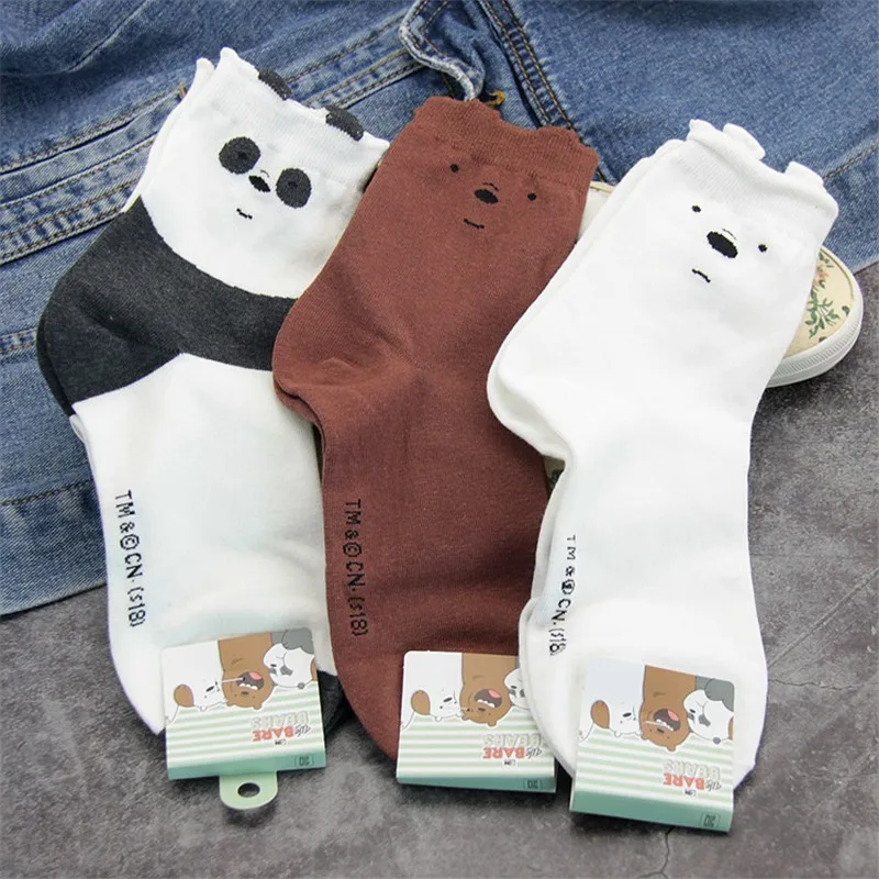 

3 Pairs New Cute We Bare Bears Socks Women Soft Breathable Cotton Socks Ankle-High Casual Socks Fashion Style Cartoon Sock