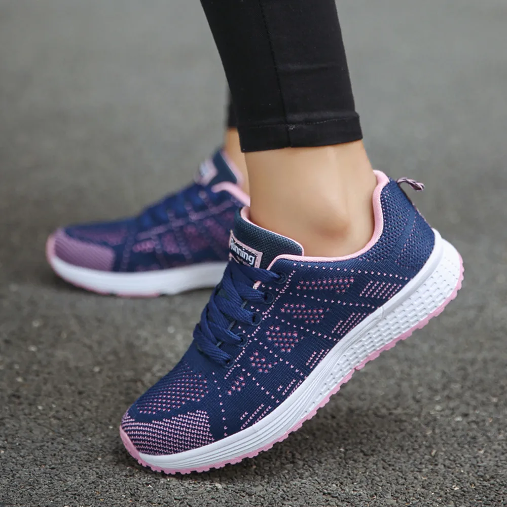 Sneakers Women Sport Shoes Lace-Up Beginner Rubber Fashion Mesh Round Cross Straps Flat Sneakers Running Shoes Casual Shoes