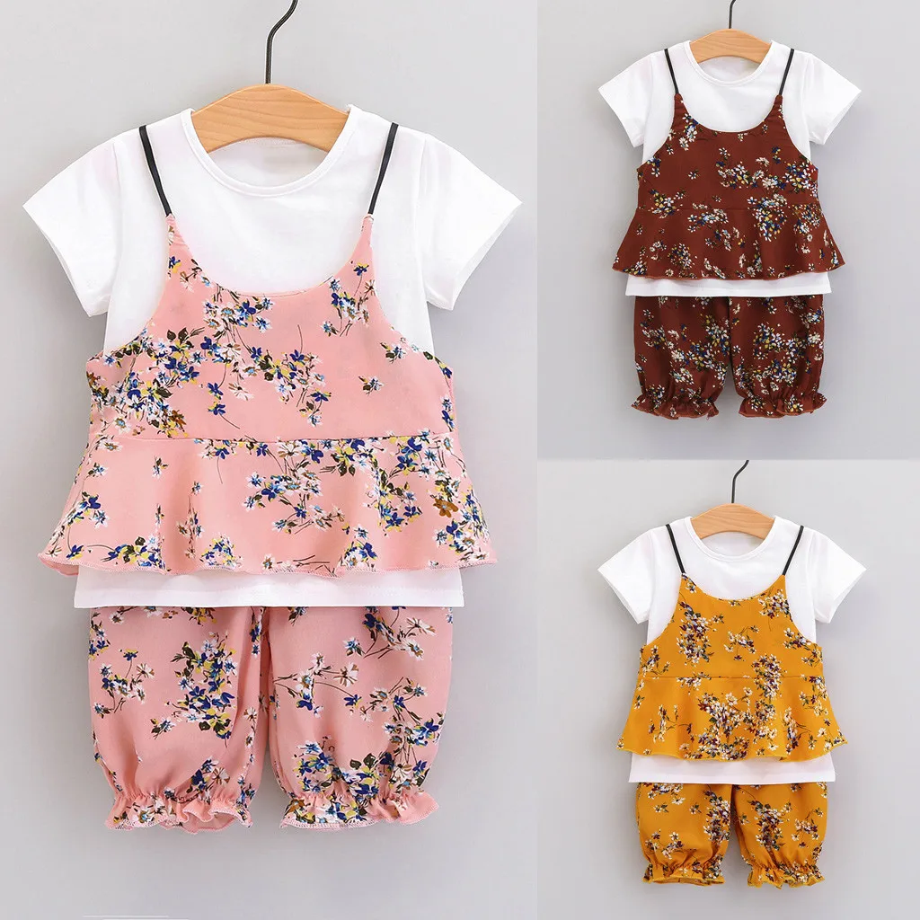 

TSummer New Fashion Toddler Baby Girls Solid T-shirt Ruffles Floral Strap Vest Print Shorts Set Wholesale Free Ship Z4