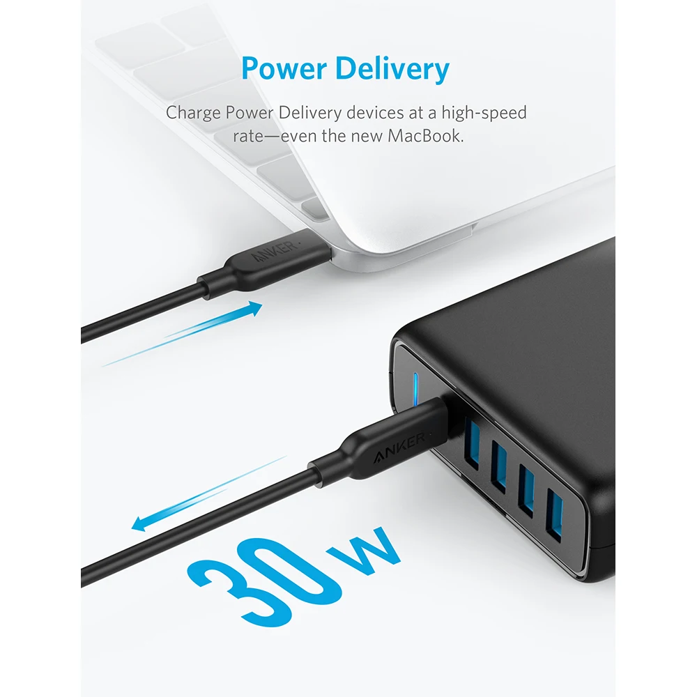  Cargador de escritorio Anker USB C Premium de 60W de 5 puertos con un puerto de 30W para Apple MacB