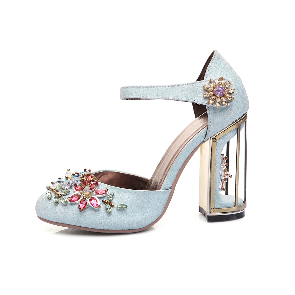 Туфли на высоком каблуке с цветными камнями; женские босоножки с цветами; женские туфли-лодочки в стиле ретро; ажурный каблук; sapato feminino chaussures mujer; Размеры 33-43
