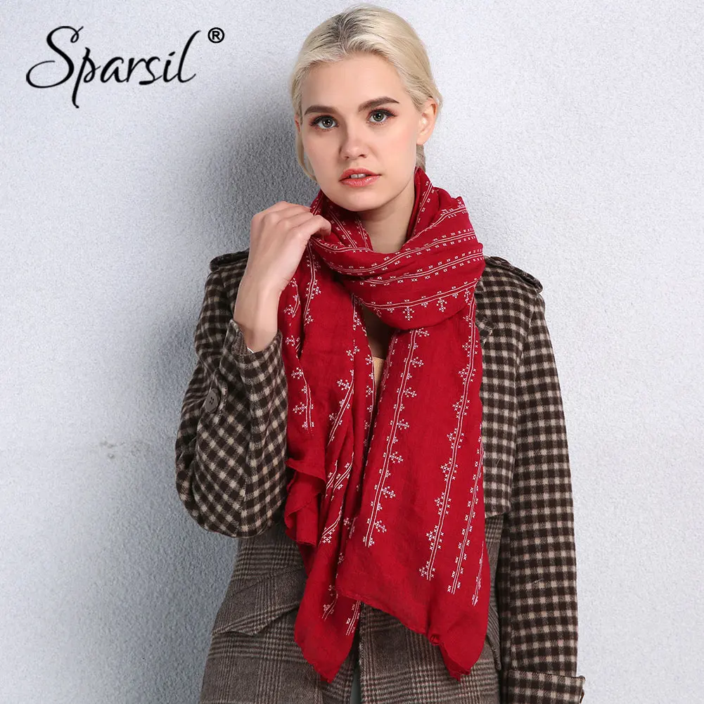 

Sparsil Women Cotton Linen Scarf White Stripe Embroidery Hijab Scarf Spring Autumn Warm 180cm Big Shawl Simple Thin Soft Scarves