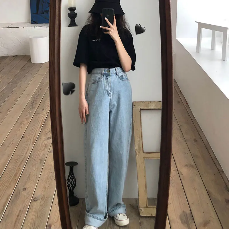 

SML 4 colors 2019 korean chic style women slim denim Pants Casual blue high waist jeans for women straight pants (x966)