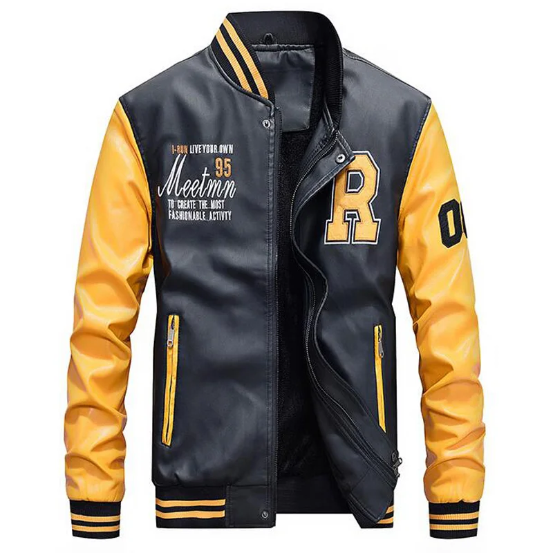 Кожаная куртка мужская повседневная флисовая утепленная искусственная кожа пальто для колледжа Basebal Moto байкерская куртка-бомбер jaqueta de couro masculino - Цвет: 8801 yellow