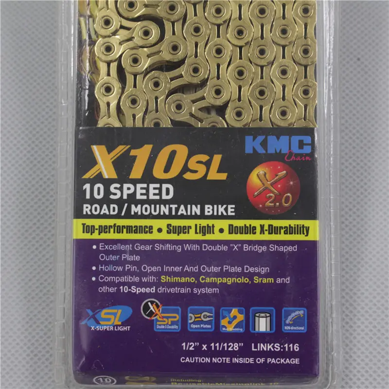 Велосипедная цепь KMC X8 X9 X10 X10SL X11 X11SL X12 7S 8S 9S 10S 11S 12S для MTB/шоссейного велосипеда Shimano/SRAM 8 9 10 11 скорость 116л/цепь - Цвет: X10SL Gold 116L