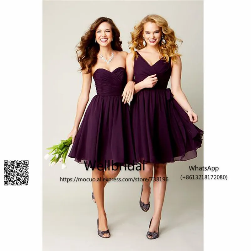 2016 Simple Purple Ruffle Chiffon Column Short Bridesmaid Dresses UK