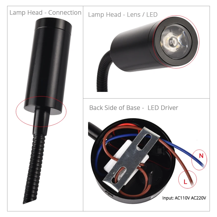  Wall lamp 3W Home Hotel Loft Bedside Reading Book Light Black Silver Light Flexiable ON/OFF Switch  - 32847893048