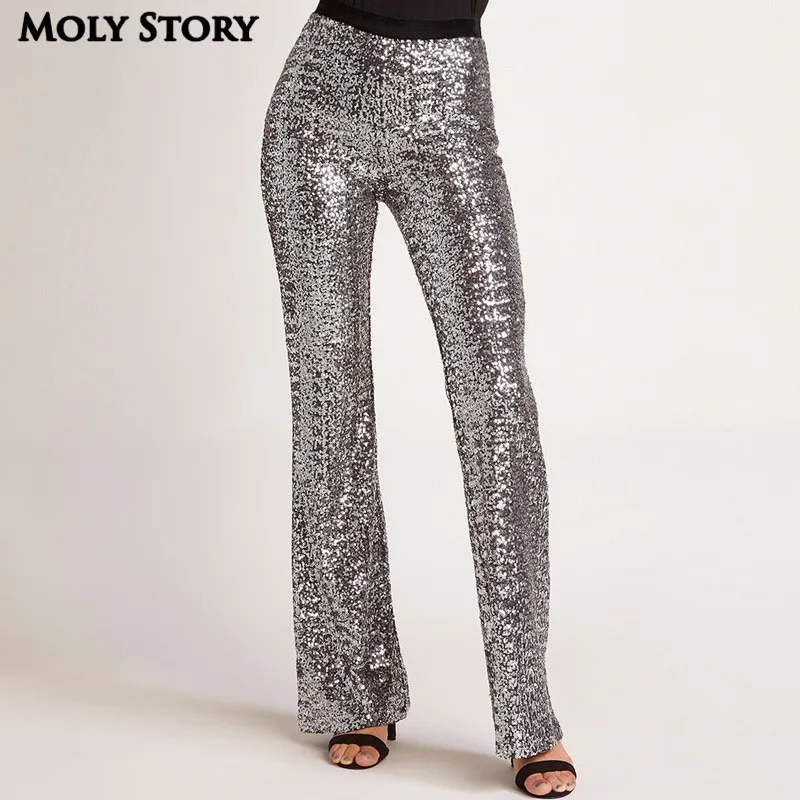 

Sequin Pants Women High Waisted Ladies Flare Pant Pantalon Femme Taille Haute Party Wear Club Dance Disco Trousers
