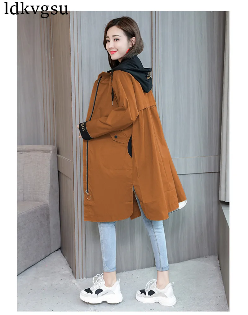 Новинка, модный Тренч с капюшоном, женский длинный Тренч, корейский стиль, весна-осень, свободный, большой размер, Повседневная ветровка, верхняя одежда V464
