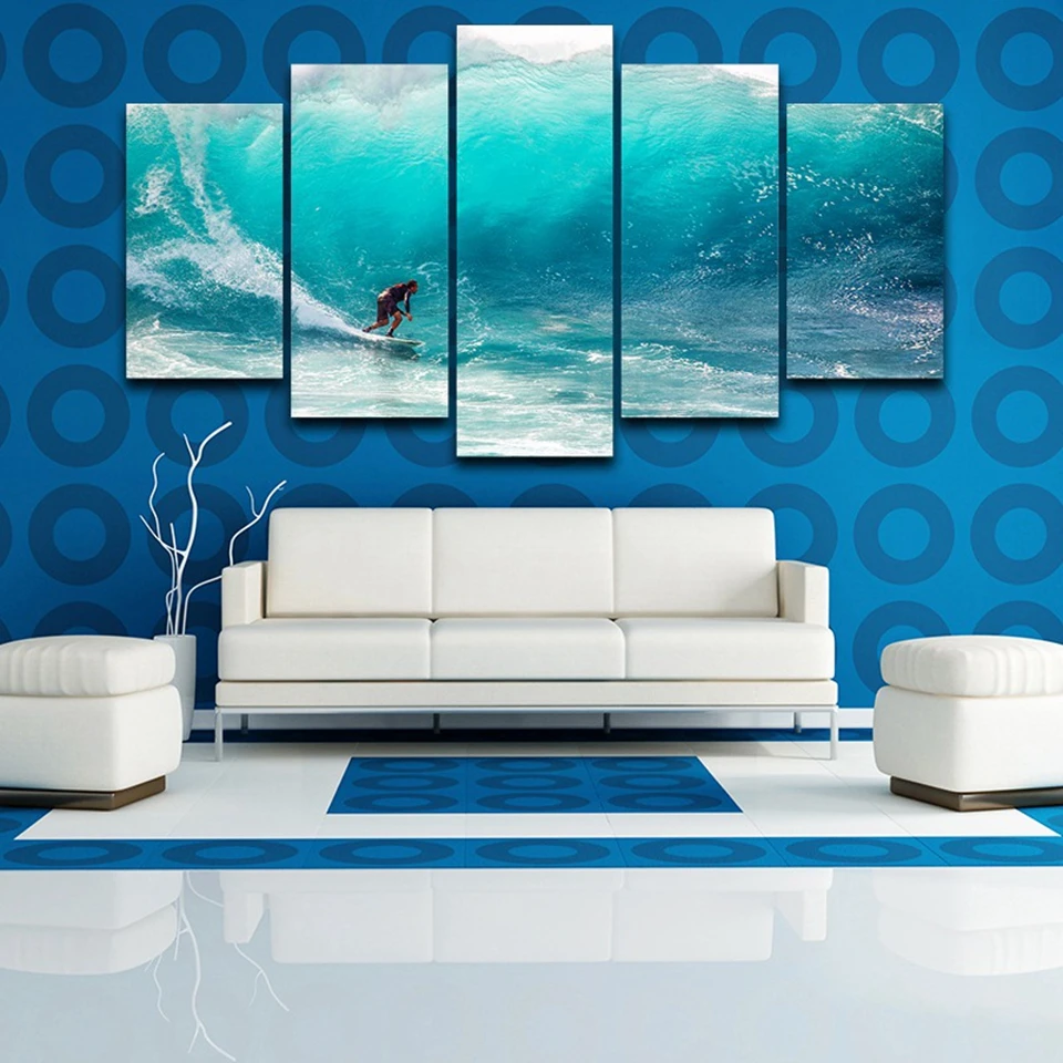 

Wall Art Poster Modern Home Decor Living Room Bedroom 5 Pieces Surfer Waves Seaview Canvas Print Painting Modular Pictures Frame