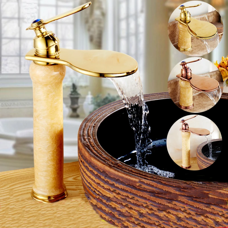 

European bathroom jade wash basin faucet waterfall, Kitchen sink faucets mixer water tap, Brass basin faucet cold and hot golden