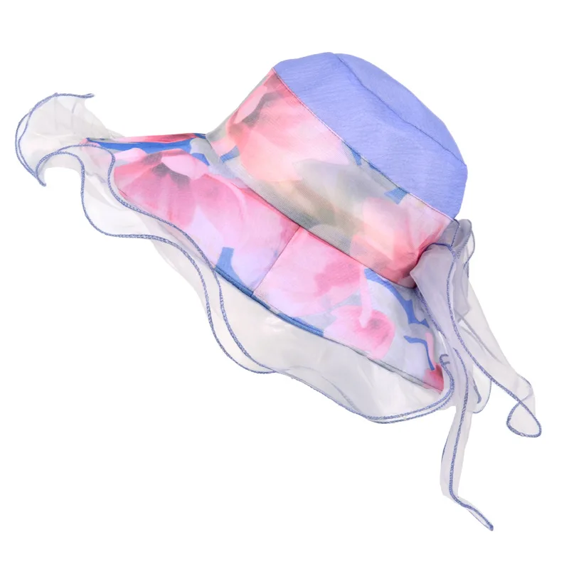 

Fashion Women Ladies Vintage Wide Brim Mesh Outside Wedding Party Organza Floral Fold Solid Cap Hat Beach Summer Sun Tulle Hat