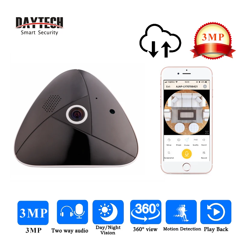 

DAYTECH 3MP Panoramic Camera Wireless IP Camera WiFi Surveillance 360 Degree Fisheye CCTV Monitor Two Way Audio IR Night Vision