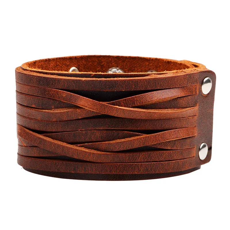 

Multilayer Design Punk Cuff Bangle Fashion Vintage Brown Rock Genuine Wide Leather Bracelets Women Men Jewelry Accessories