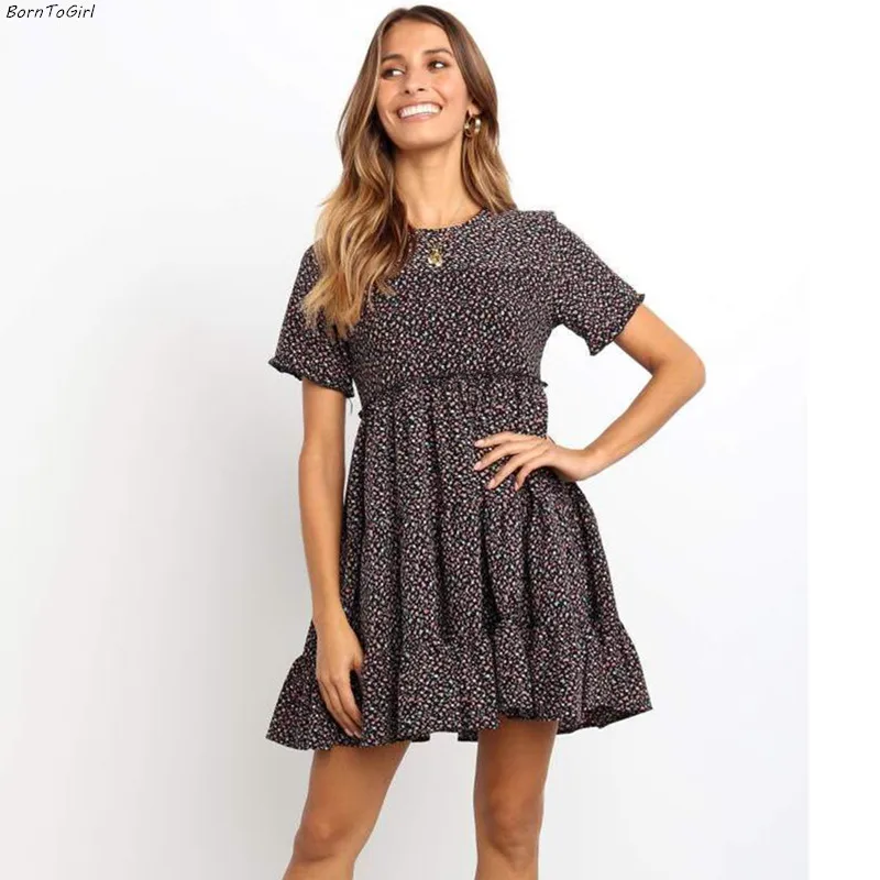 

BornToGirl Sundress Women Casual Print Ruffles Dress Woman Summer Short Sleeve Black Dress robe femme ete 2019