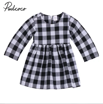 

US STOCK Infant Baby Kids Girls Dress plaids print Princess Party clothes Summer Cotton long sleeve Tutu zipper Dresses for baby