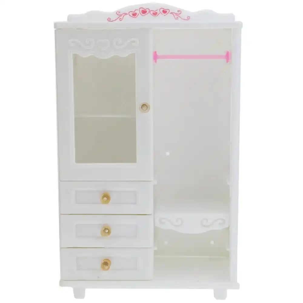 Mini 1 6 Plastic Dollhouse Furniture White Wardrobe Movable Drawer Play House Bedroom Accessories For Barbie Doll Best Toy