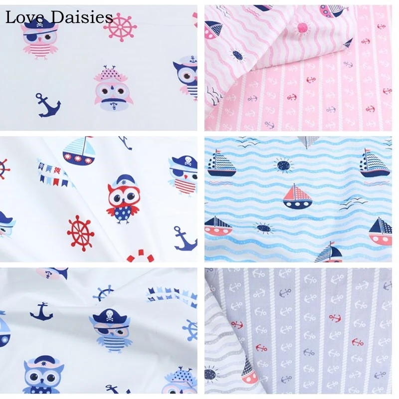

100% Cotton Twill Marine Style PINK BLUE GRAY Soldier Owl Stripe Anchor Sailboat Wave Fabric for Handwork Kid Bedding Sheet Tent