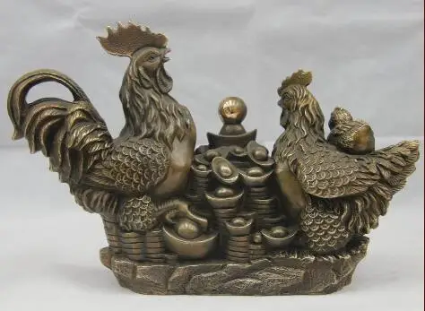 

S5399 Chinese Bronze Copper Feng Shui Cock Rooster Wealth Money Treasure bowl Statue discount 30% (C0324)