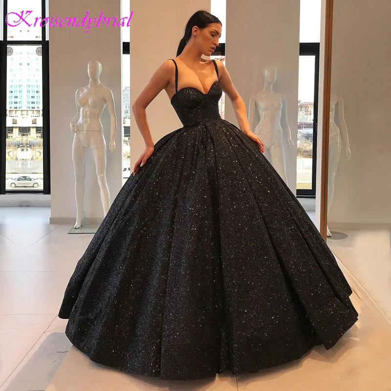 

DZW193 Sparkly Long Puffy Evening Dress 2019 Sleeveless Glitter Women Black Arabic Style Evening Formal Gown