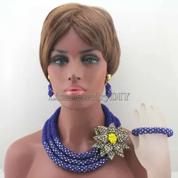 

Fabulous Royal Blue Nigerian Wedding African Beads Jewelry Set Flower Statement Crystal Jewelry Set Mix Beads Set HD8336