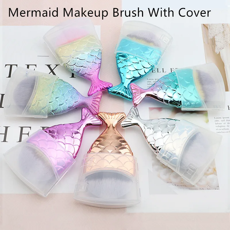 

1pc Protable Fishtail Bottom Mermaid Makeup Brush Powder Foundation Contour Brush With Brsuh Cover brochas maquillaje sirena 30#