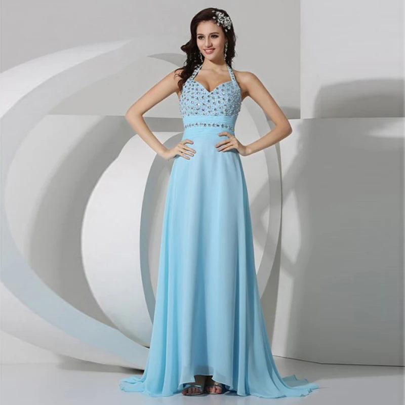 Halter Light Blue Luxurious Evening Dress Sleek Backless Beading ...