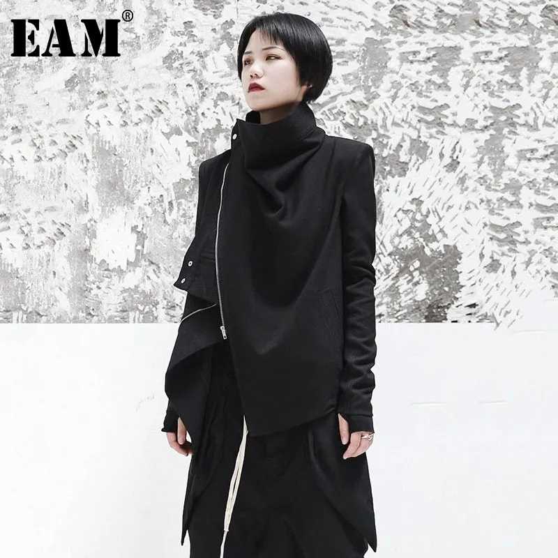  [EAM] 2020 New Spring Stand Collar Long Sleeve Black Zipper Split Joint Irregular Jacket Women Coat