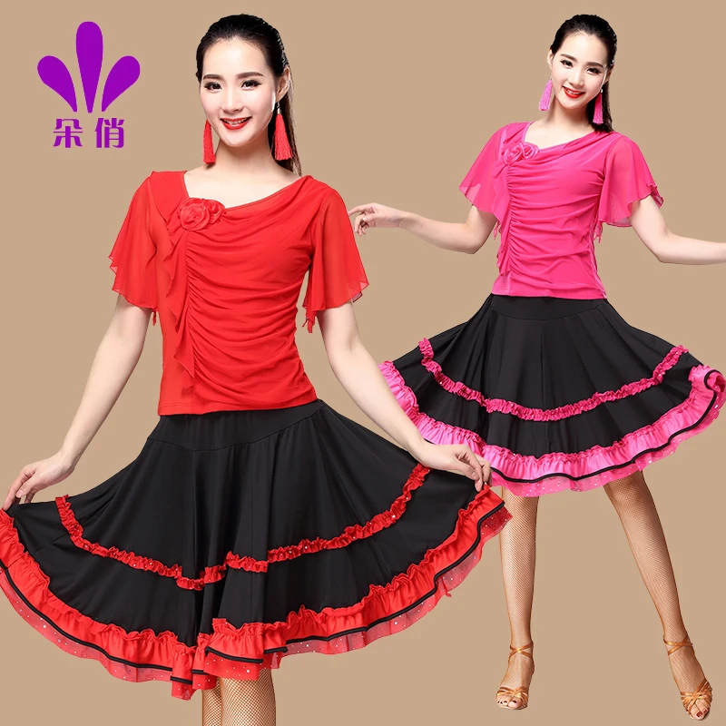 Lady Flower Square Dance Costume Plus Size 2 Pcs Set Women Rumba Dance