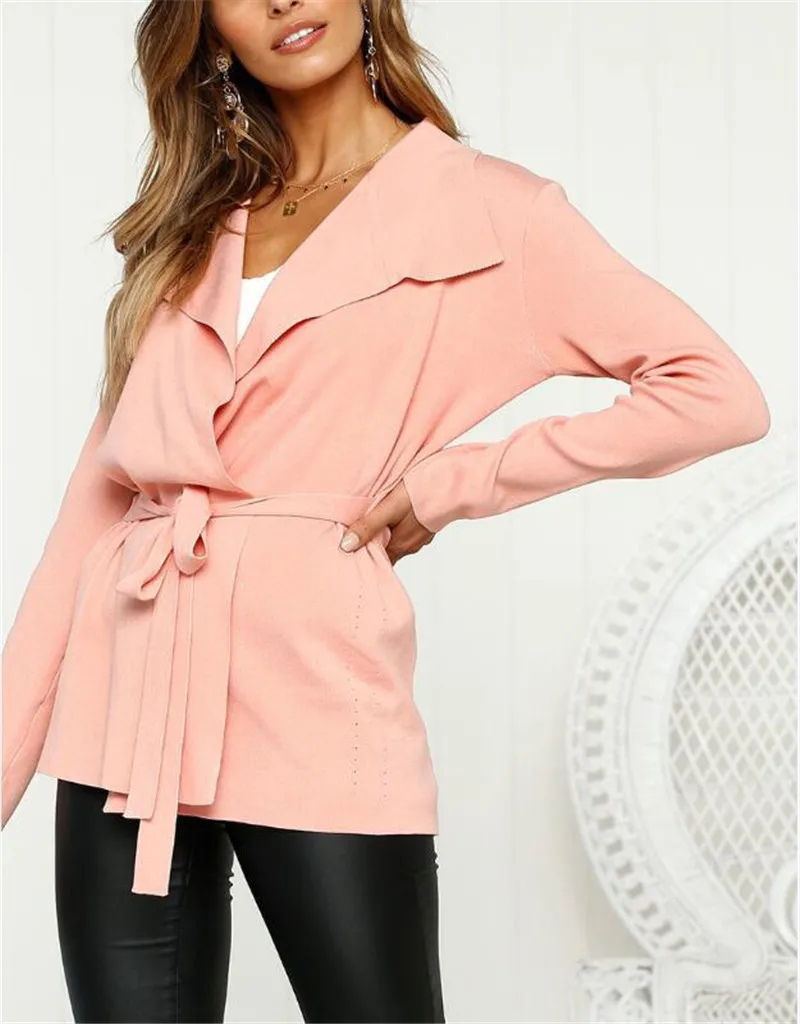 Gladiolus Fashion 2018 Autumn Winter Sweater Women Long Sleeve Turn-Down Collar Belt Tunic Women Knitted Sweater Long Cardigan  (15)