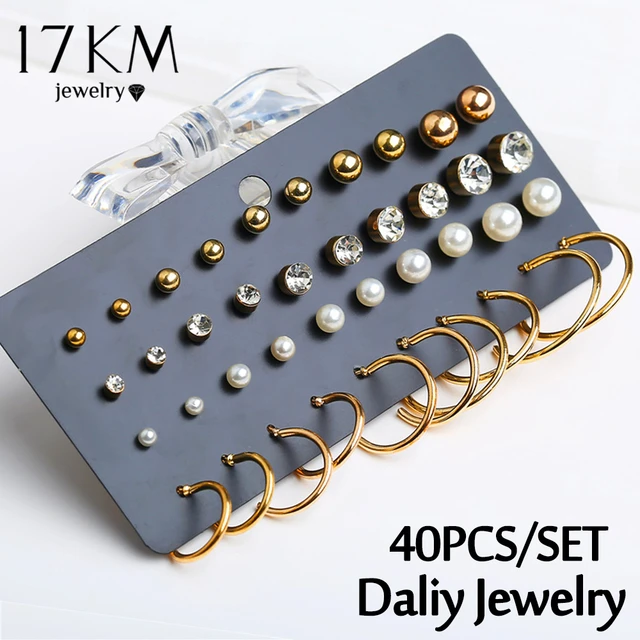 40 PCS/set Fashion Crystal Round Beads Stud Earrings Set For Women Man Gold Color Circle Earrings Unisex Daliy Jewelry 2019