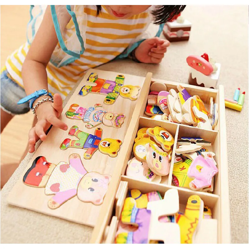 

Wooden toys for children puzzles little bear change clothes Scene Dressing game Puzzle Educational Kids Toys free shipping
