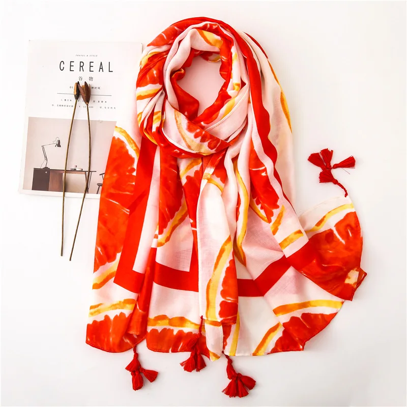 

2019 cartoon oranges cotton printing women's scarf summer spring luxury brand ladies shawl bufanda mujer hijab scarves pashmina