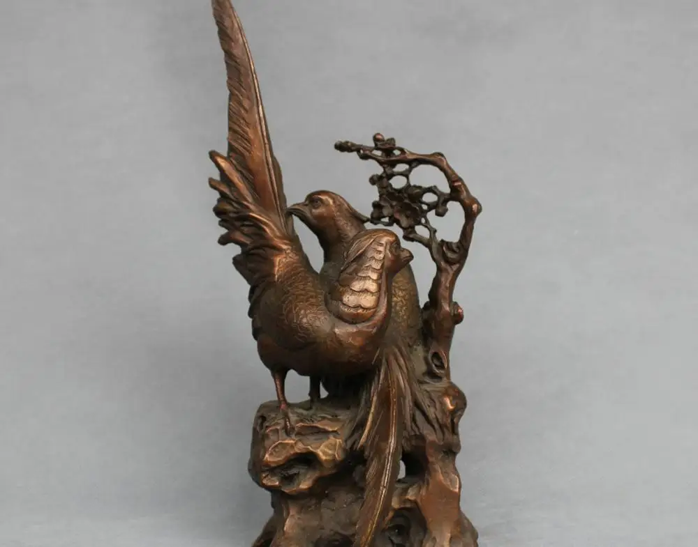 

14'' China Pure Bronze Couple Magpie Stand on Branch Statue Loving Bird