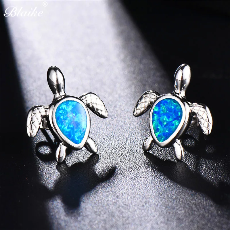 Blaike 925 пробы Серебро Заполненный Серьги для Для женщин синий/белый черепаха огненный опал серьги Рождество подруга Jewelry подарки - Окраска металла: Blue Opal Earrings