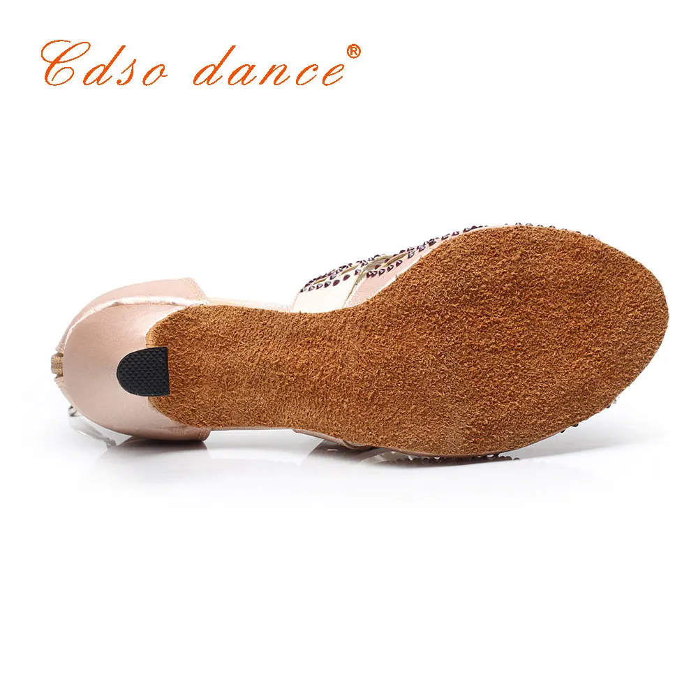 Cdso танцевальная Брендовая обувь 10309 горный хрусталь бежевый Сальса обувь, женская атласная латинская/бальная танцевальная обувь