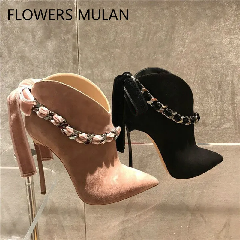 

New Zapatos 12cm Metallic Stiletto High Heels Leather Boots For Women's Back Chains Velvet Bowties Ankle Boots Autumn Women