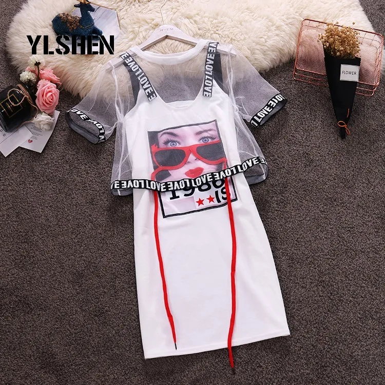 

2019 Sexy 2 Two Pieces Set Women Mesh Hollow Out Short Tops+Letter Pattern Printed Mini Strap Dresses 2PCS Sets Clothing Suits