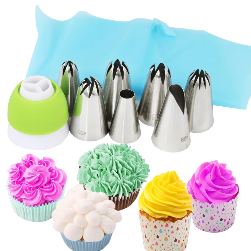 

9 pcs set big size 2D 2A 1E 336 1B 1C 686 cake piping tips set russian flower nozzles set +sliocne pastry bag +coupler