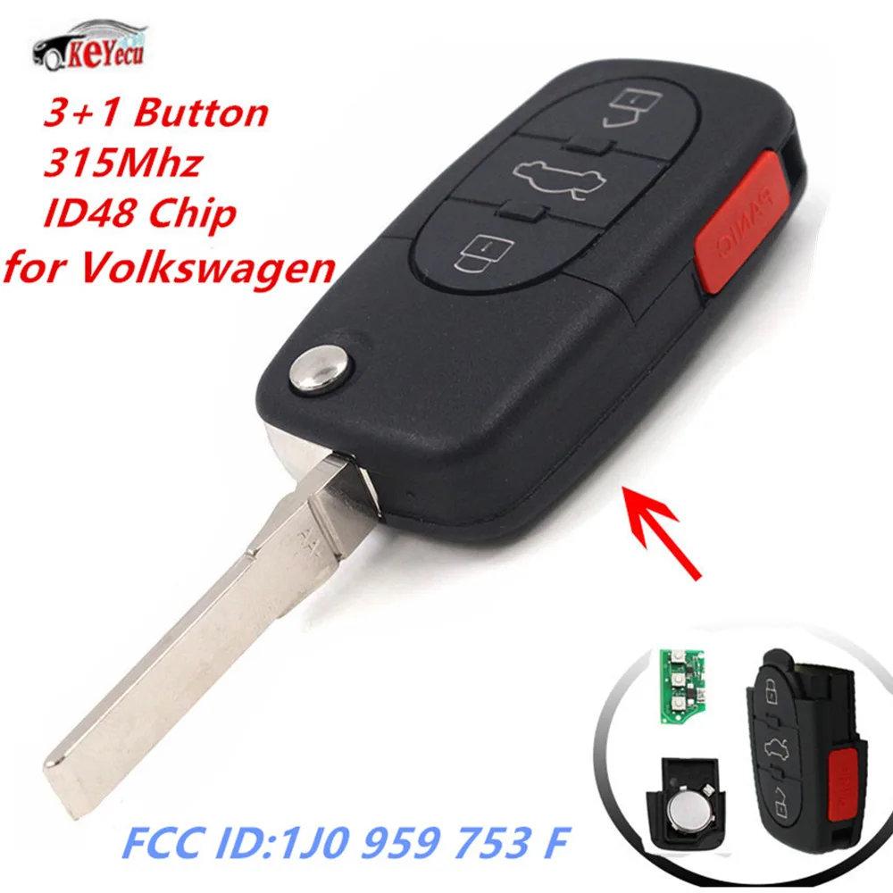 KEYECU 10 шт Складные дистанционного ключа 3+ 1 Кнопка 315 MHz ID48 чип для Volkswagen Jetta Beetle Passat Golf 1998-2001 FCC: 1J0 959 753 F