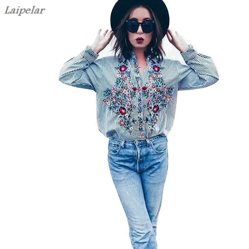 

Women Floral Embroidered Casual Blouse Autumn Long Sleeve Striped Shirt Floral Tops 2018 Fashion Laipelar