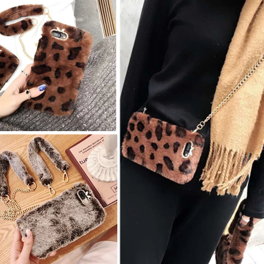 

case for iphone 8 7 6S 6 Plus X XR XS MAX case cover luxury warm rabbit fur bling diamond with shoulder strap soft silicon shell