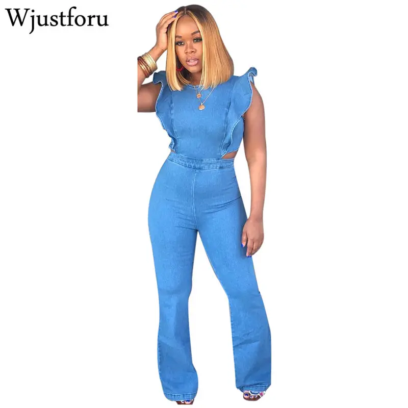 Wjustforu كشكش الدنيم مضيئة بذلة النساء Bodycon عارية الذراعين الجينز واسعة الساق ارتداءها الإناث أكمام الصيف الأزياء بذلة